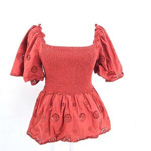 Q + A Terracotta Brown Eyelet Smocked Puff Sleeve Boho Peplum Top Women Size L
